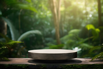 Stone display platform in lush green jungle setting