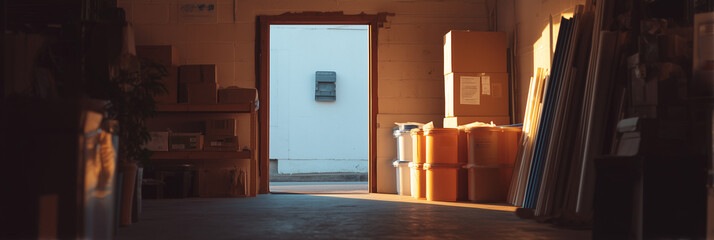 Warehouse Interior with Open Doorway and Sunlight 