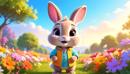 Fototapeta premium Adorable Cartoon Bunny in a Lush Spring Meadow Adorned with Vibrant Wildflowers Under a Clear Blue Sky, Symbolizing Joyful Beginnings and Whimsical Nature