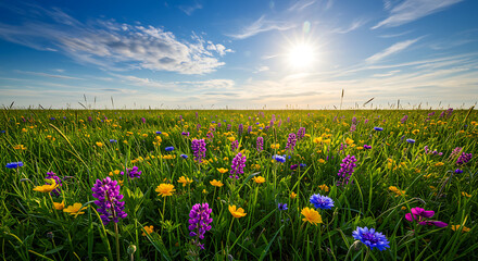 Green spring field with colorful wildflowers, bright sunny day