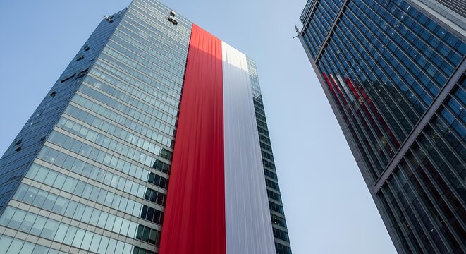 A giant Indonesian flag (Merah Putih) draped down the side of a modern glass skyscraper.