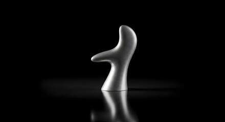 Abstract Metallic Sculpture on Black Reflective Surface, Minimalist Silver Object Against Dark Background