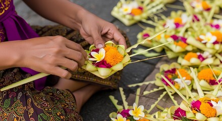 Balinese woman in traditional clothing making Canang Sari offerings for a Hindu ceremony.
