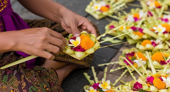Balinese woman in traditional clothing making Canang Sari offerings for a Hindu ceremony.