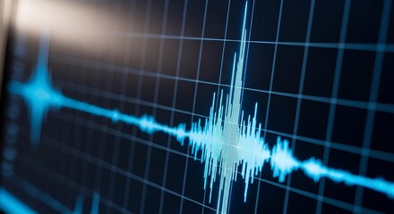 Blue seismograph screen showing the seismic wave activity of an earthquake or tremor.