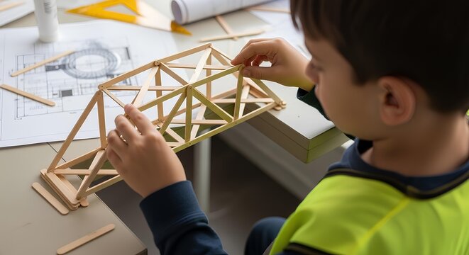 Young boy concentrating on building a truss bridge model with wooden sticks for a school project.