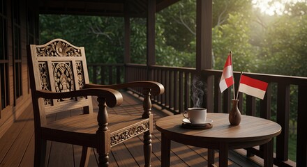 Steaming cup of coffee and Indonesian flags on a wooden table on a tranquil veranda.