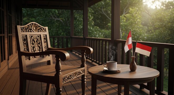 Steaming cup of coffee and Indonesian flags on a wooden table on a tranquil veranda. - Powered by Adobe