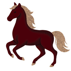 Dark red horse with shimmering champagne gold mane, tail, and hooves. Elegant glitter accent illustration, ideal for New Year themes, zodiac decor, festive cards, or luxury branding. Vector format.