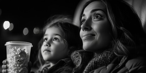 Woman and young girl watching movie in theater, with popcorn and beverages, smiling faces, happy expressions