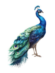 Obraz premium Watercolor animal illustration, a majestic blue and green peacock with ornate feathers, isolated on a transparent background