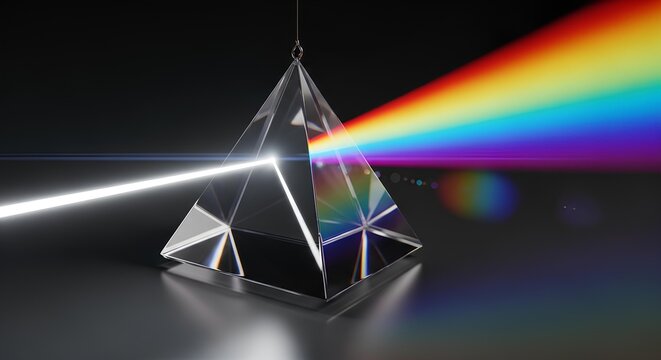 A glass pyramid prism dispersing a beam of white light into a vibrant rainbow spectrum.