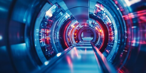 High-tech futuristic science fiction tunnel with light effects. Virtual reality digital art showing advanced machinery and cyber space in a technological setting.