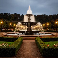 Fountain in park at twilight