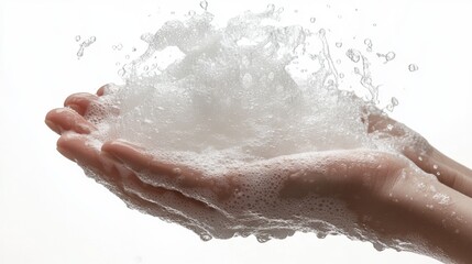 Fototapeta premium Hands holding soap foam, indicating personal hygiene practice.