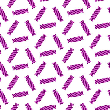 Candy seamless pattern in violet and purple wrap. Hand drawn caramel candy, sweets with chocolate shades in doodle style. Ideal Candy background for digital wallpaper or confectionery packaging.