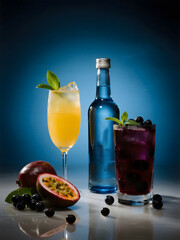 Vodka bottle with tall tropical cocktail and dark berry drink on glossy surface styled with passion fruit, mint leaves and black currants
