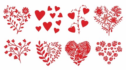 Red heart floral designs on a white background art