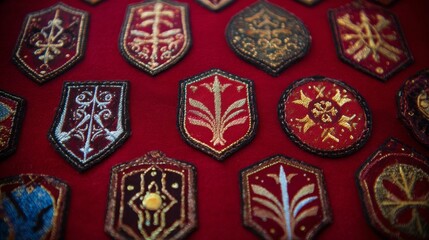 Obraz premium Colorful embroidered patches displayed on a rich red fabric background, showcasing intricate designs and textures, perfect for fashion, crafts, or creative projects