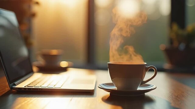 Hot cup of coffee with steaming brew and laptop on wooden desk. Hot cup is enjoyed during morning work hours, with sunlight streaming through window. Concept hot cup for background video.