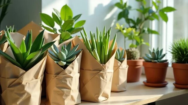 Plants being packed for move shown with potted succulents and various houseplants ready for transport. Plants being packed highlights care and planning during relocation.