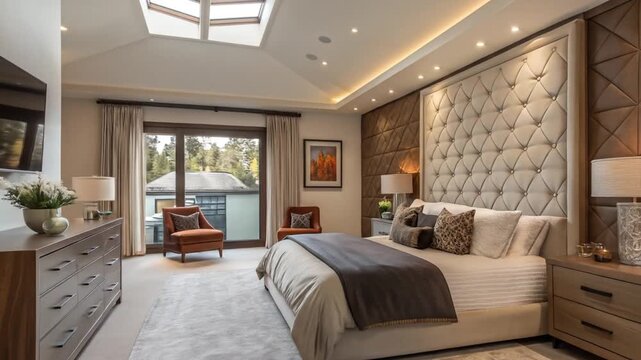 Luxury master bedroom suite with modern design elements, elegant lighting, and a calming, peaceful atmosphere to inspire relaxation