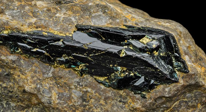 Thorium-rich Uraninite Crystals on a Quartz Matrix, Dark, Opaque Uraninite with Glimmers of Gold and Green on a Rock Background
