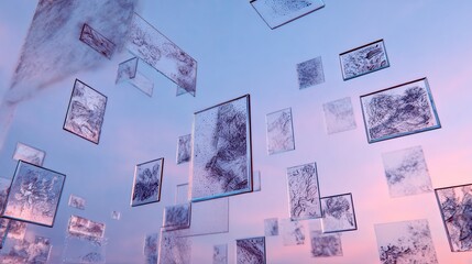 Floating landscape art, sunset sky, digital display, web banner