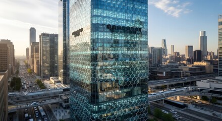 Striking Modern Skyscraper in Urban Landscape, Geometric Facade Reflecting Cityscape, Abstract Hexagonal Design on Contemporary Building Exterior