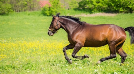 Brown horse galloping gracefully across a vibrant green meadow filled with wildflowers, showcasing the beauty of nature and the spirit of freedom in a serene landscape