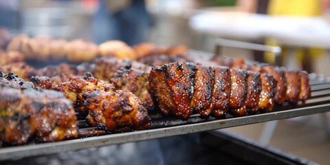 Barbecue competition with fresh cuts of various meats on the grill cooking