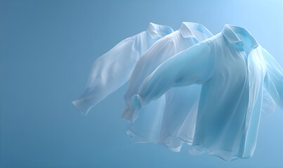 Fototapeta premium Clean laundry concept with three blue shirts flowing in the air against a light blue background for washing or drying.