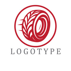 Abstract red-and-white tire logo with swirling spiral tread, bold lines, and modern type