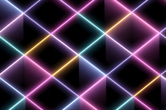 Neon laser light grid pattern. Colorful glow in the dark. Abstract disco background. Virtual reality and digital technology.