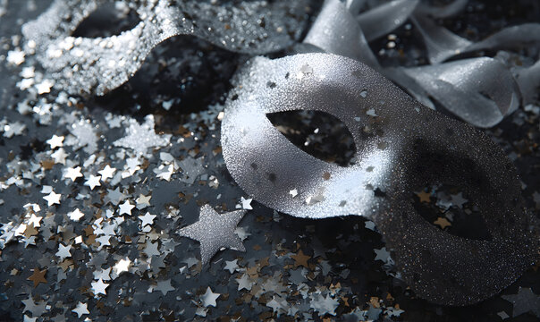 Silver masquerade mask with glitter and star confetti. Festive holiday decoration for New Year party backdrop.