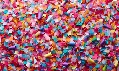 Colorful confetti and paper pieces background. Bright party celebration concept. Abstract texture for festive design.