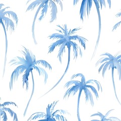 Serene watercolor palm tree pattern evokes tropical paradise vibes, perfect for summer textiles, coastal decor, and breezy beach-themed designs with a calming aesthetic