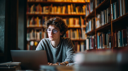 A student focused on studies in the library while using a laptop. The student wears glasses and is surrounded by a rich collection of books on shelves