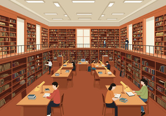 Illustration of a grand library interior with multiple levels, filled with bookshelves and people reading at desks under warm lamps.