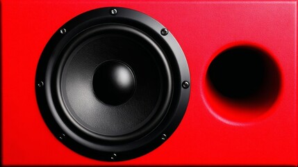 Close-up of a vibrant red speaker with a large black woofer and a port, showcasing the intricate design and texture of audio equipment for music enthusiasts and sound professionals