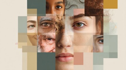 Diverse Facial Features Arranged in a Minimalist Collage With a Pastel Grid and an Open Space at the Top Third for Text or Artwork