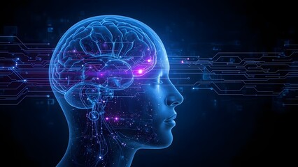 Futuristic brain computer interface with glowing neural waves and human head in cyberpunk style cinematic lighting ultra detailed