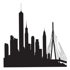 Obraz premium Boston city skyline silhouette isolated on white background featuring the zakim bridge and various skyscrapers, capturing the essence of urban architecture and travel destinations
