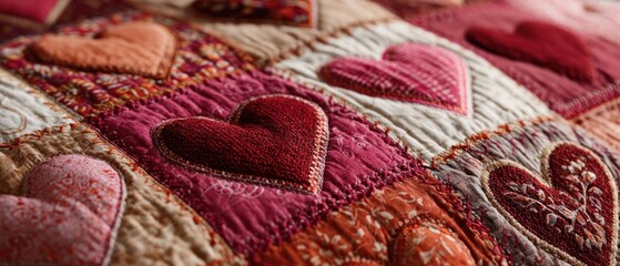 Patchwork Quilt with Embroidered Hearts