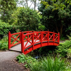 Red bridge in a garden
