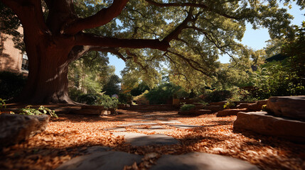 autumn park path with fallen leaves and large tree canopy