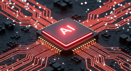 Futuristic 3D Render of a Glowing AI Microchip with Red Circuitry, representing Advanced Technology and Machine Learning Capabilities for Modern Applications
