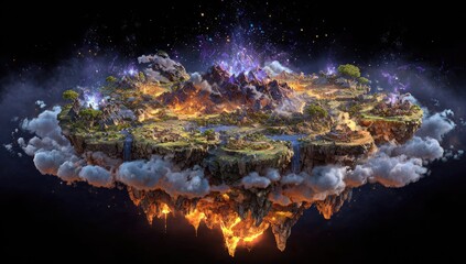 Volcanic Island Fantasy Game Map, fiery clouds, cosmic background, game design