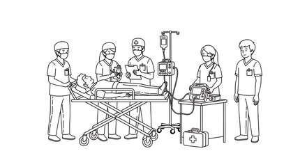 Black and White Hand Drawn Illustration of Medical Team Assisting a Patient on a Bed with Medical Equipment in a Minimalist Line Art Style for Healthcare Design