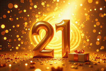 Greeting card for 21 years. Celebrate your 21st birthday with golden numbers and a gift box surrounded by sparkling lights.